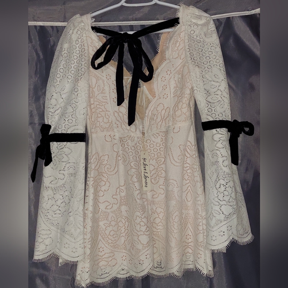 For Love And Lemons White Lace Dress with Black Velvet Bows - Picture 6 of 8